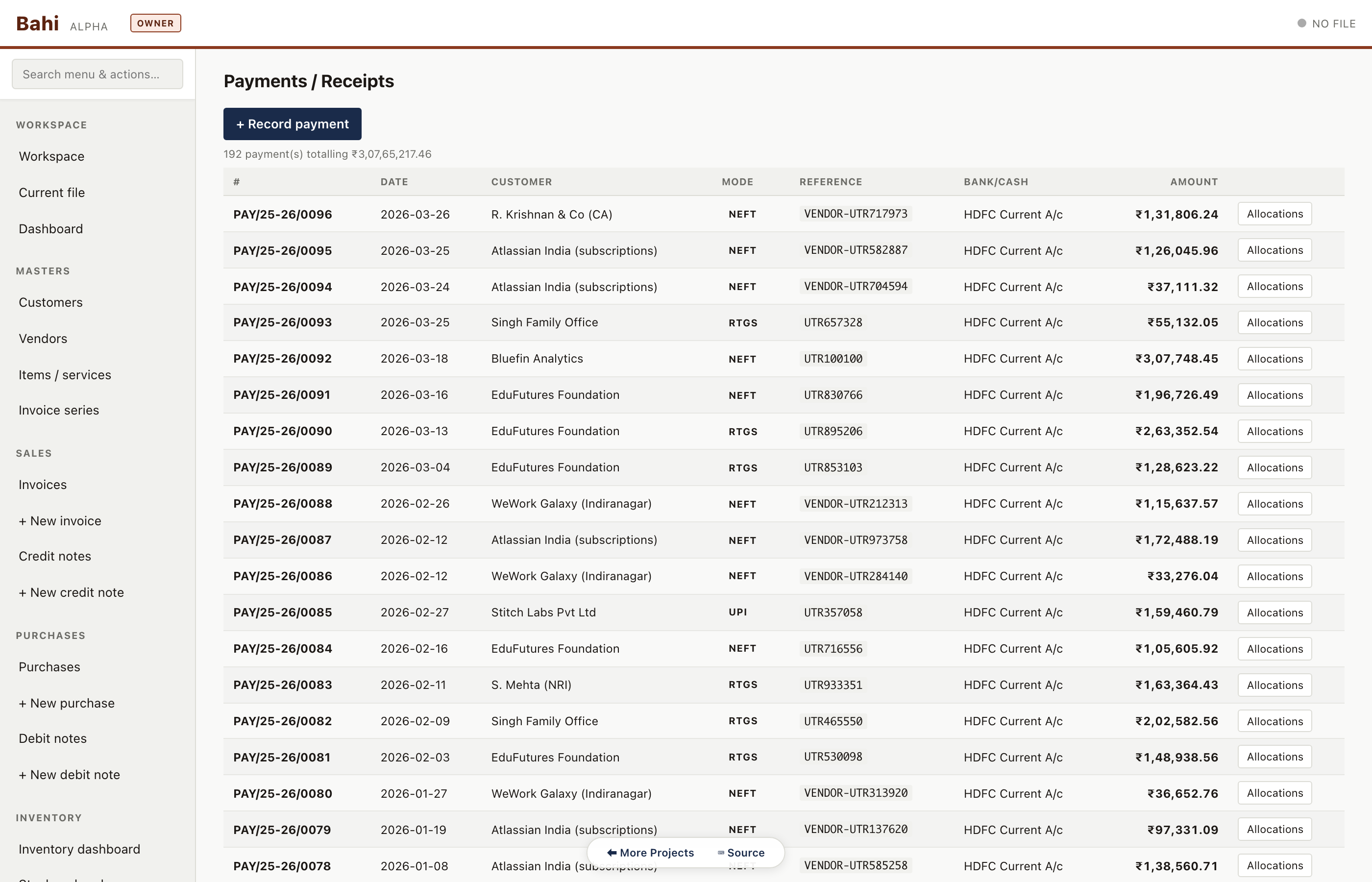 Receipts & payments list