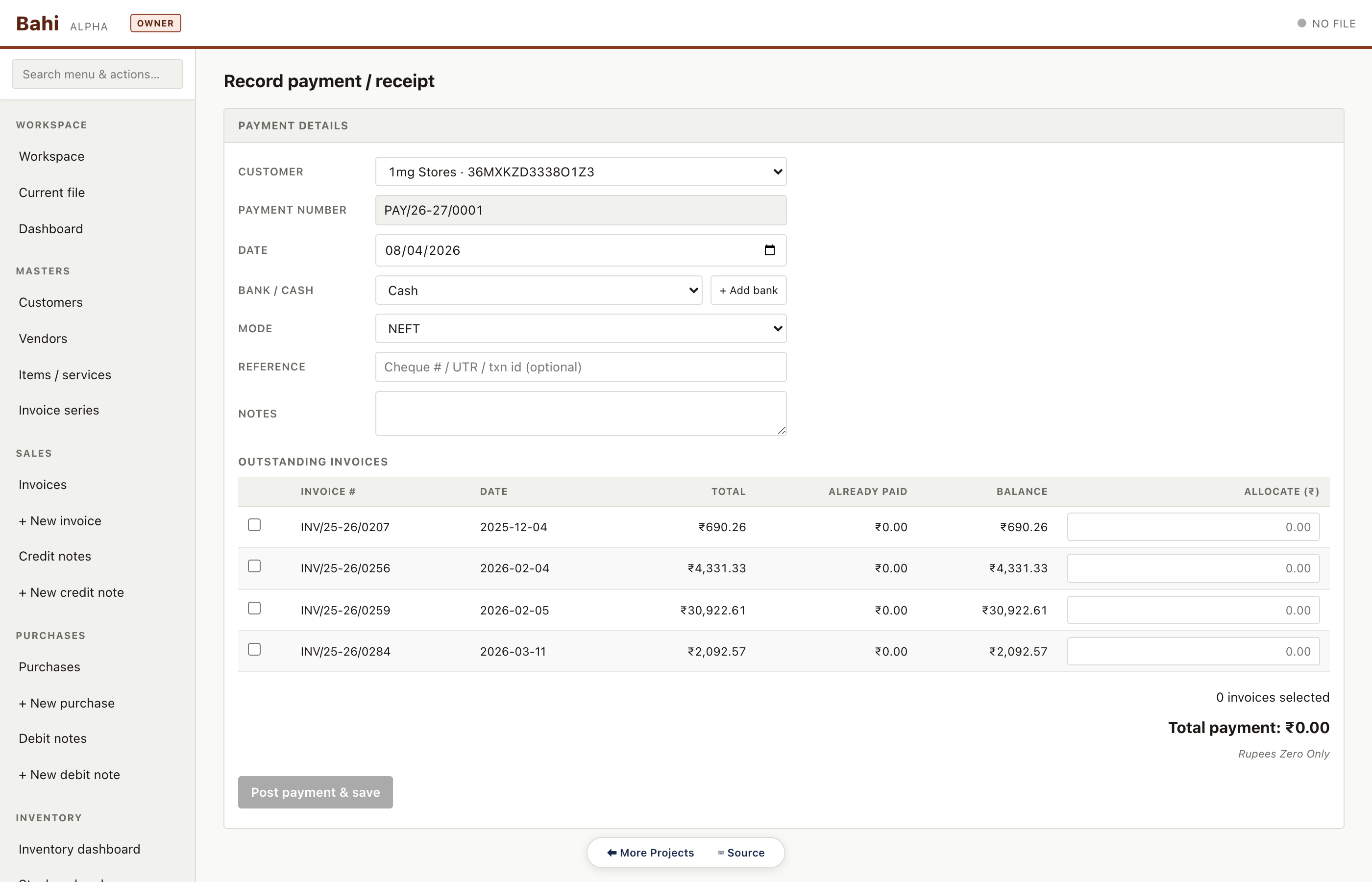 Record a customer receipt