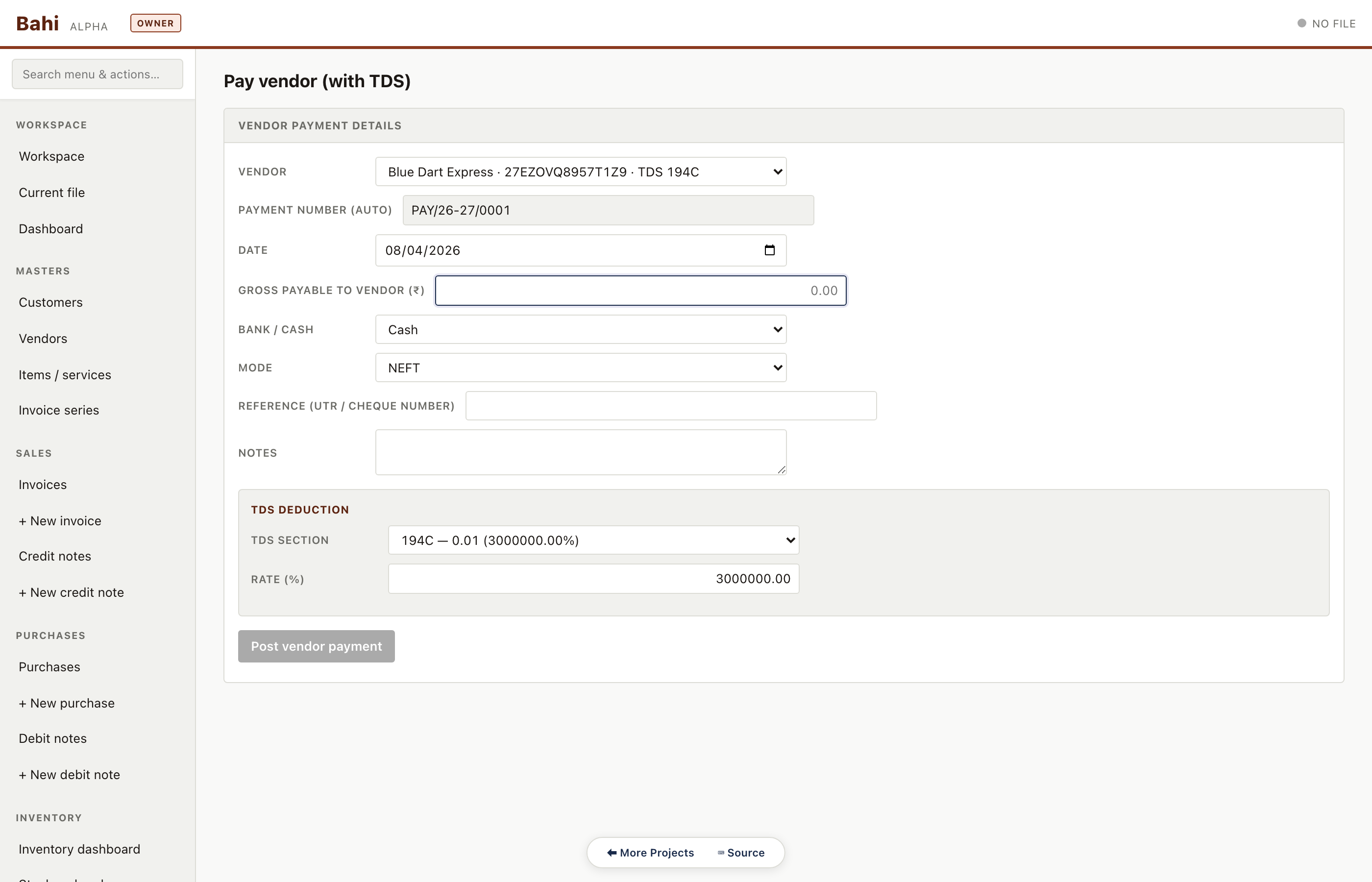 Pay a vendor (with TDS)